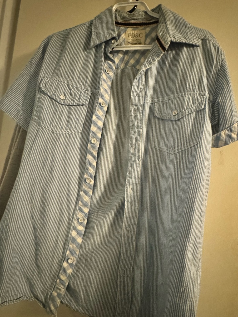 PD&C Southern Apparel Short Sleeve Button-Up Shirt Style 9135 Blue & White Small
